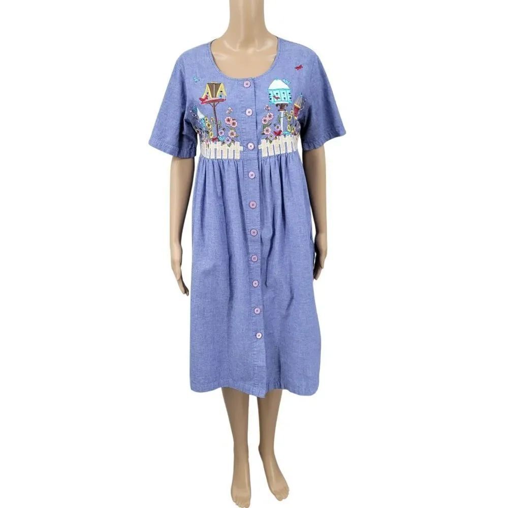 Bechamel Vintage Embroidered Flowers Denim Chambray Button Up Mumu Dress Small